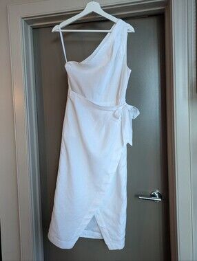 Anthropologie White Linen One Shoulder Dress Summer Resort Midi Minimalist Size6